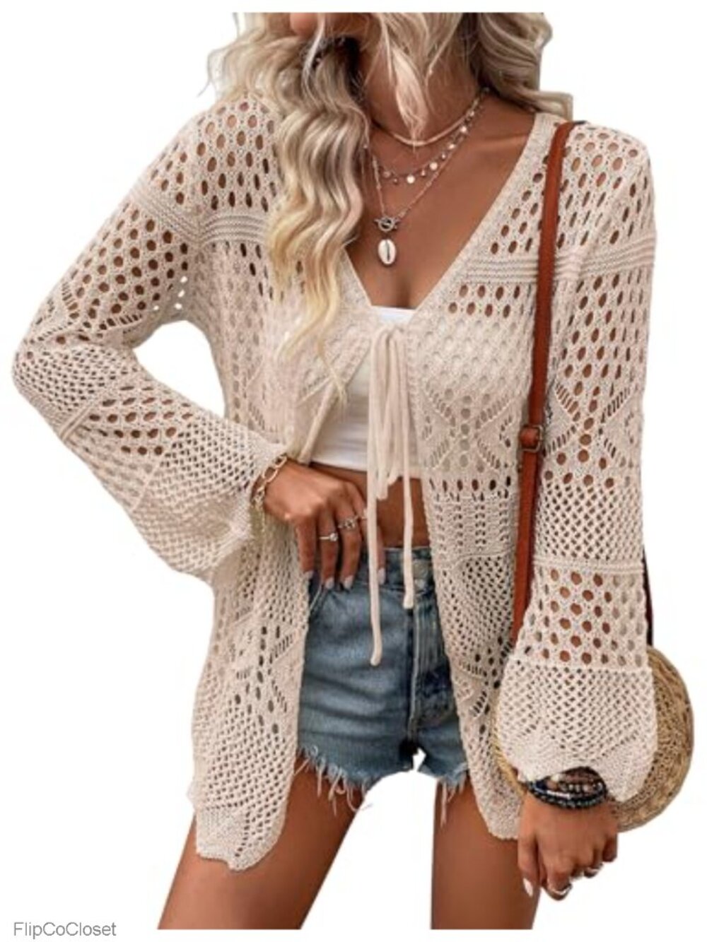 Crochet Cardigan Lightweight Tie Front Hollow Out Long Sleeve Knit Cover Up
